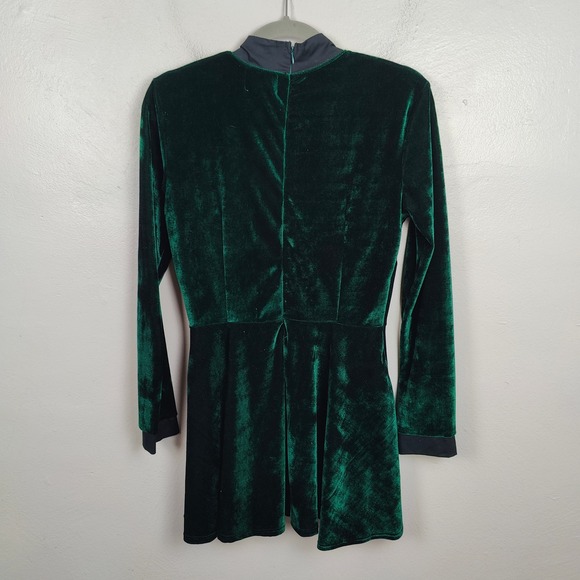 Valfre Velvet Bow Collar Mini Dress Womens Small Dark Green Long Sleeve Party - Picture 4 of 7